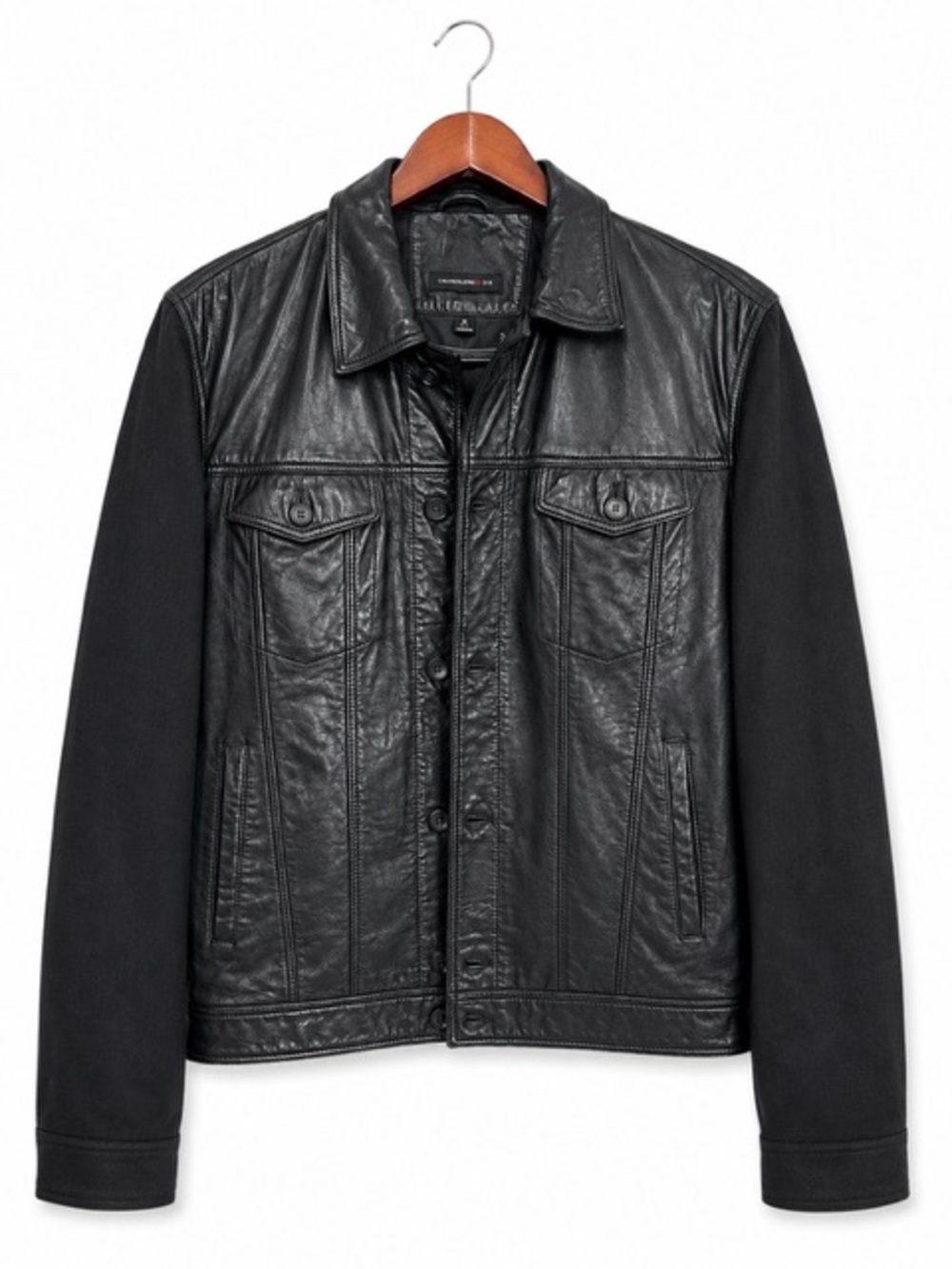 John Varvatos Men's Black Leather Sheep Skin Trucker Button-Front Jacket - Picture 2 of 4
